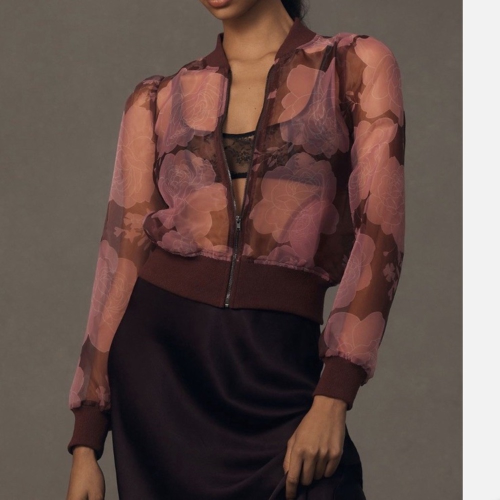 Anthropologie sheer puff sleeve bomber jacket